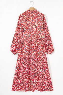 Long -waisted print dress abstract and large red V -neck