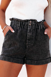 Short en jean taille haute noir délavé vintage à volants