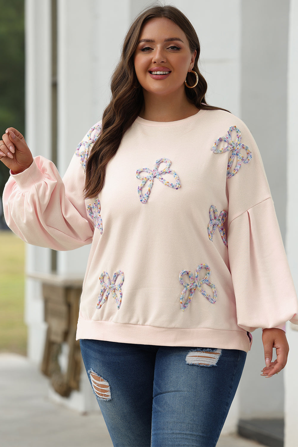 Sweat-shirt oversize à manches lanterne et nœud brodé parchemin