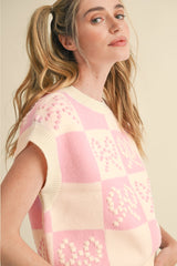 Suéter a cuadros rosa preppy con nudo y detalle
