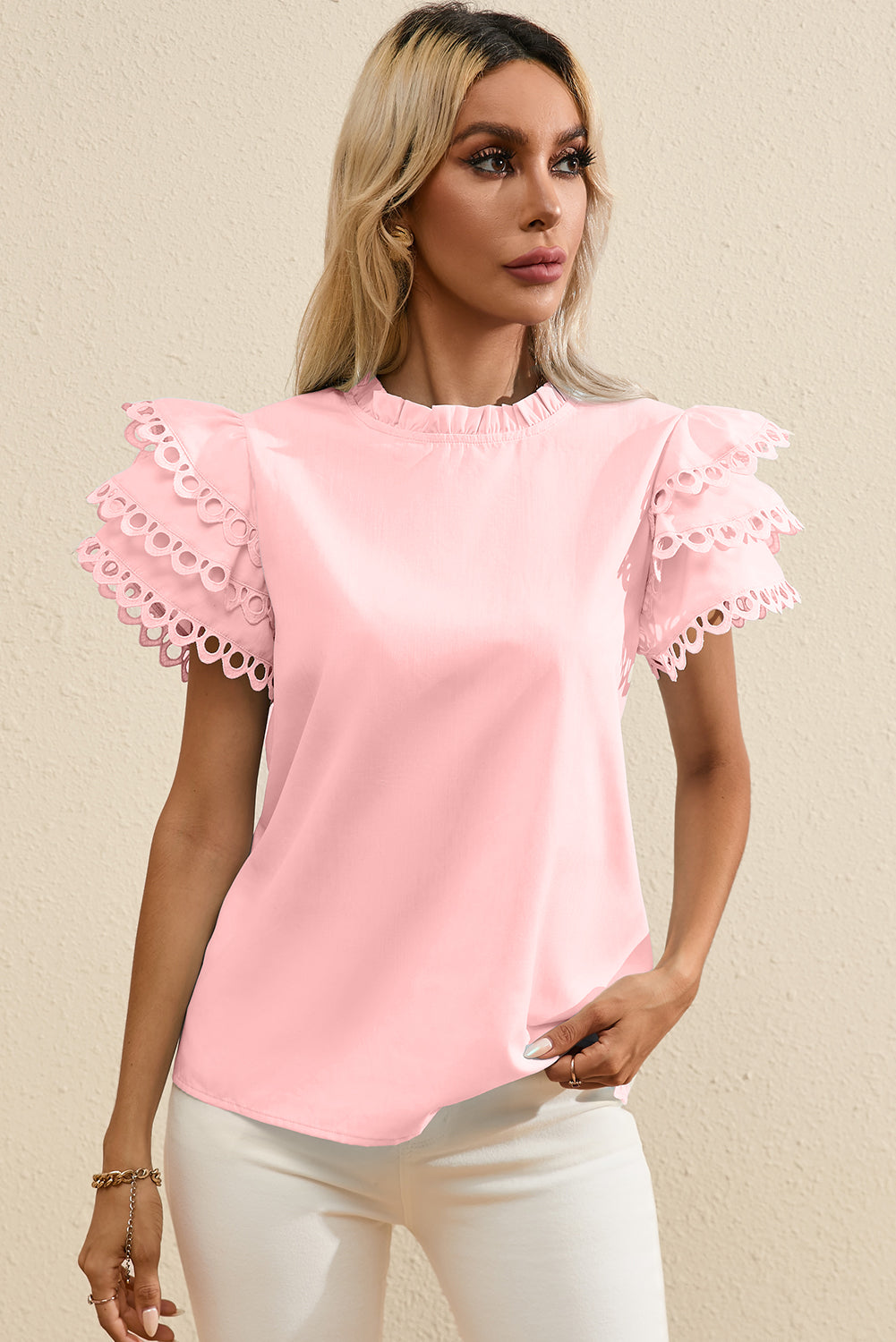 Blouse superposée rose clair Ric Rac à manches courtes et col à volants