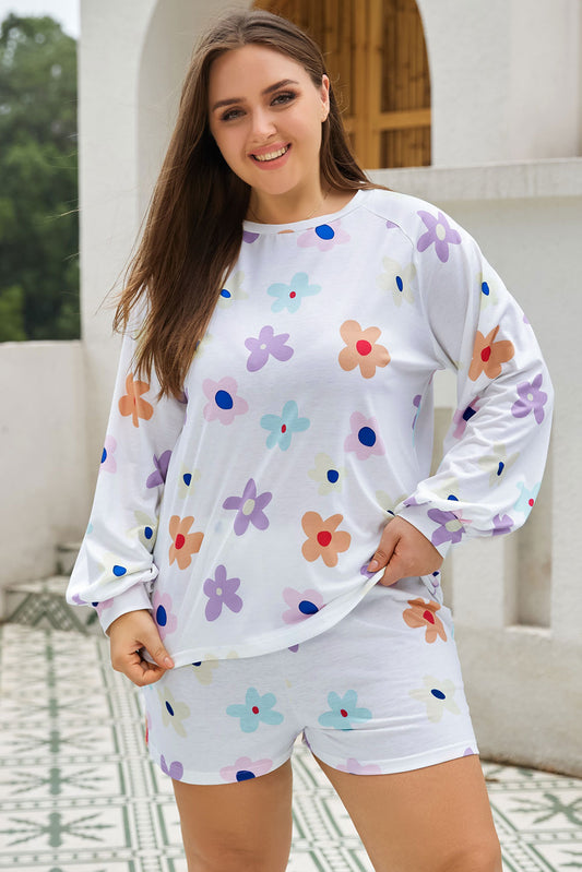 Pullover Raglan e pantaloncini con stampa a fiori bianchi plus size