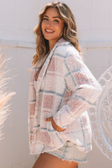 Sherpa jacket with turndown collar and multi-colored plaid print