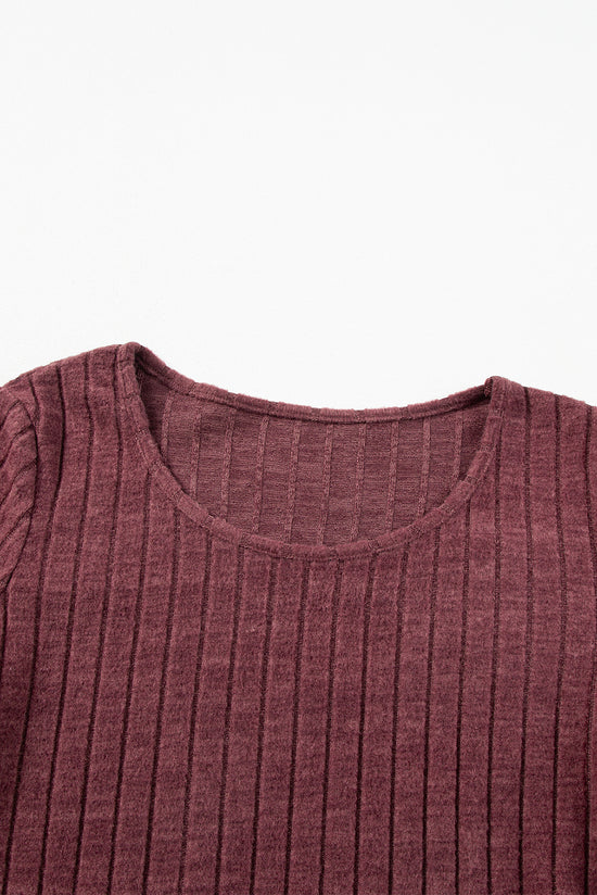 Mineral Red Ribbed Bishop Sleeve Crew Neck Top