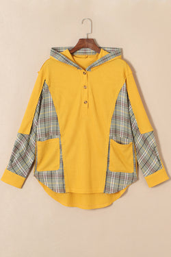 Yellow Henley Hoodie with Pockets and Waffle Knit Plaid Patchwork