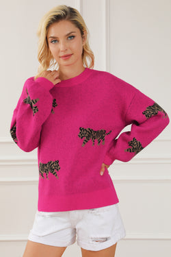 Red Rose Fierce Animal Pattern Casual Knitted Sweater