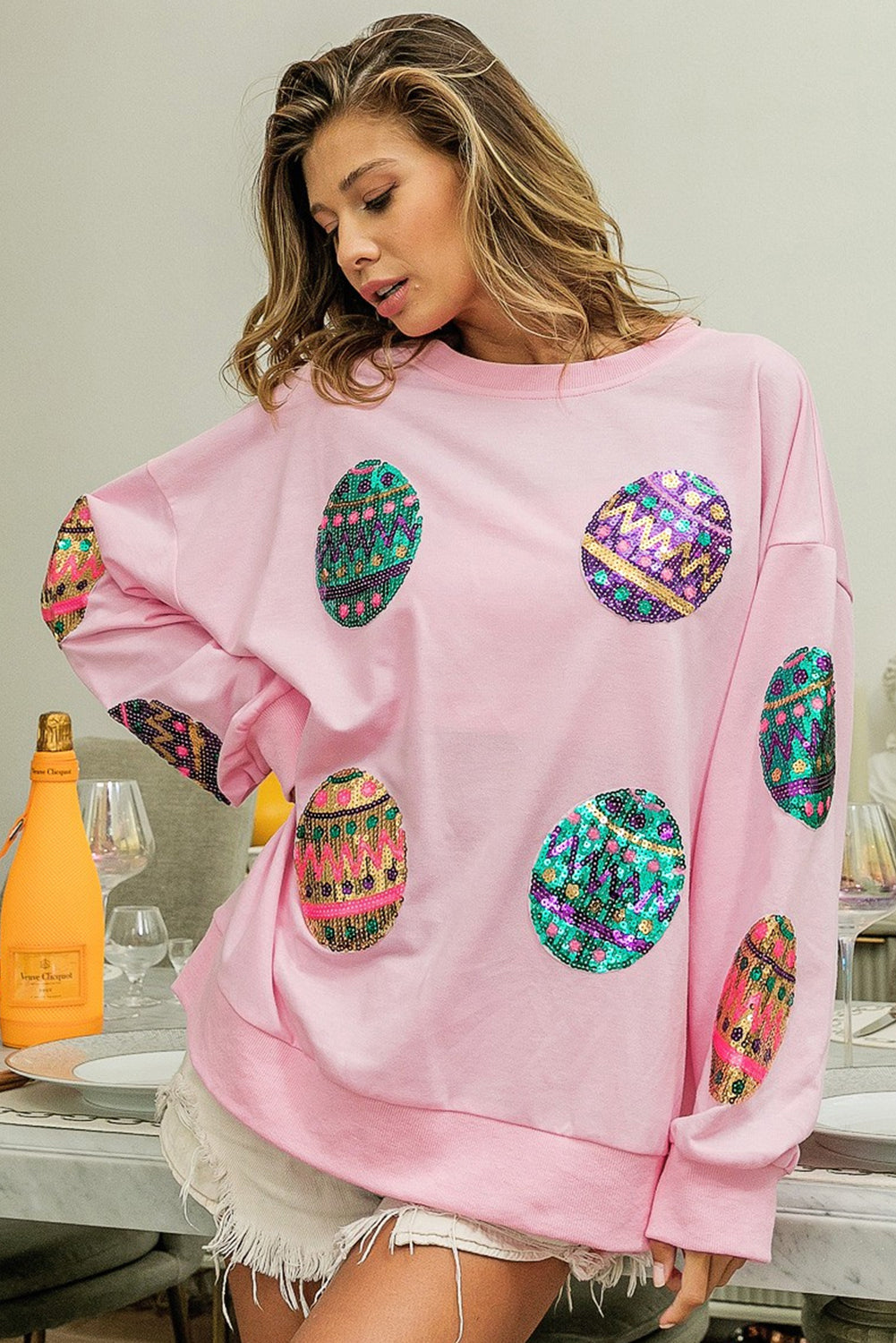 Pink Ostern Eggropfen Schulter übergroßes Sweatshirt