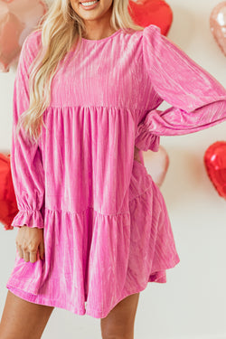 Velvet mini-rib and ruffled sleeves pink strawberry