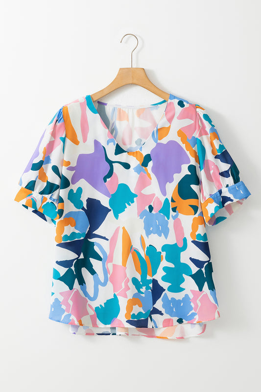 Sky Blue Plus Abstract Print Puff Short Sleeve V Neck Top