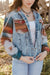 Multicolored Aztec Print Denim Jacket with Frayed Hem