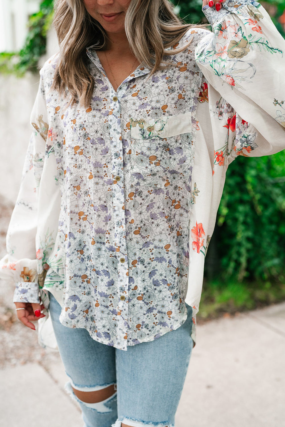 Chemise ample boutonnée à manches évêque florales Boho violettes *-A WOMAN WE LOVE