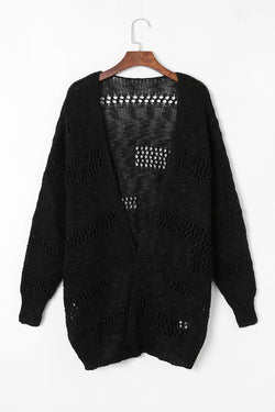 Cardigan décontracté noir à manches dolman en tricot creux