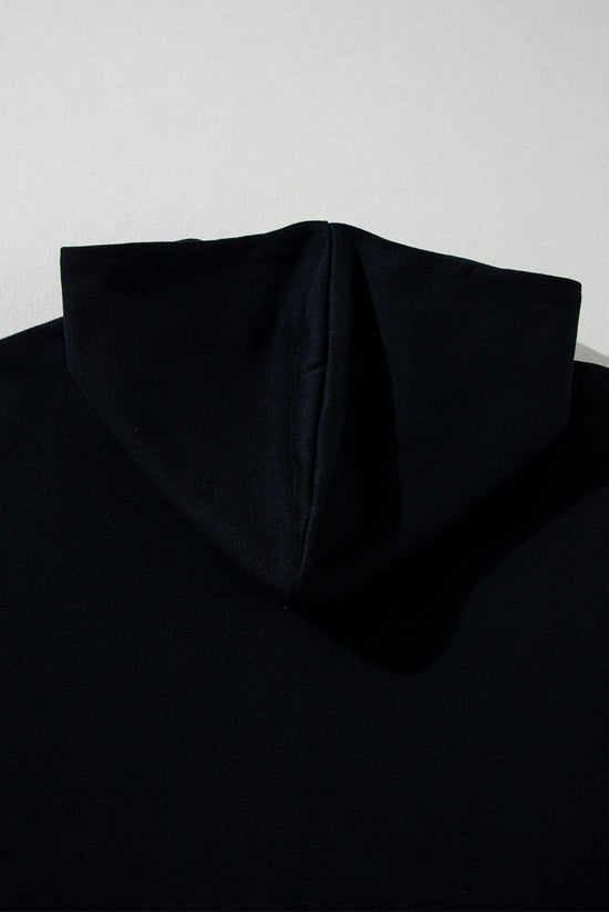 Black short sleeve hoodie with kangaroo pocket with half zip