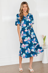 Robe longue bleue à imprimé floral, manches bouffantes courtes