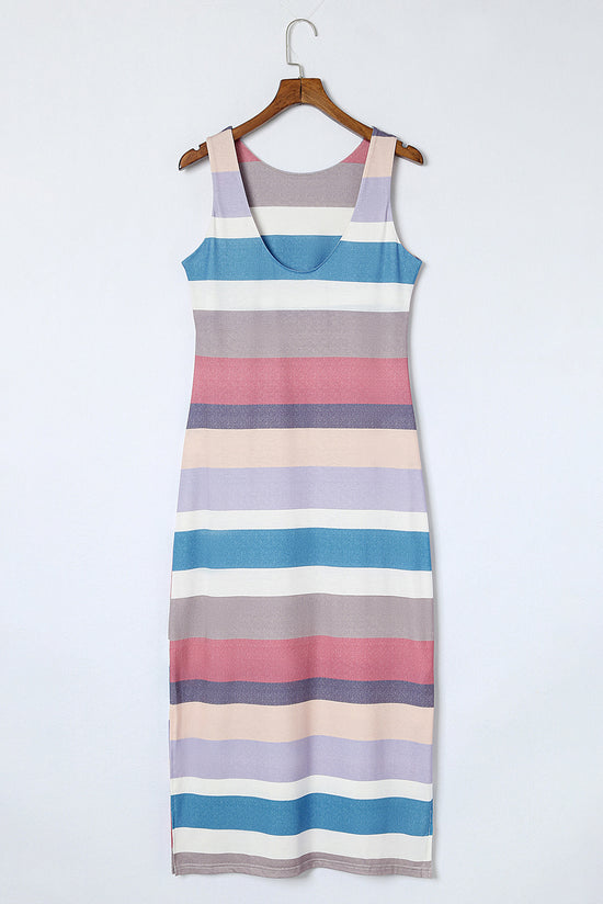 Long split tank top with multicolored stripes