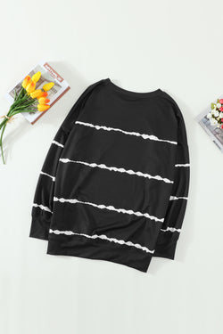 Black Striped Long Sleeve Abstract Casual Sweatshirt