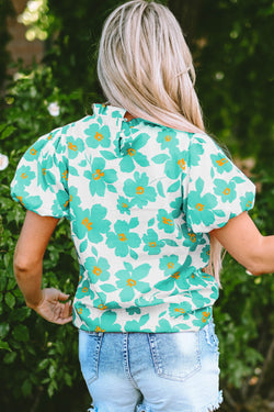 Flower verde blusa con mangas hinchadas *