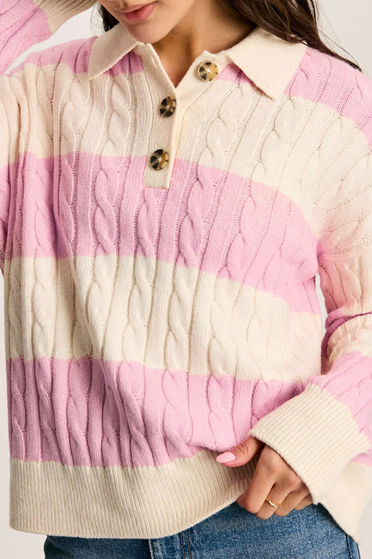 Pink Striped Cable Knit Henley Sweater