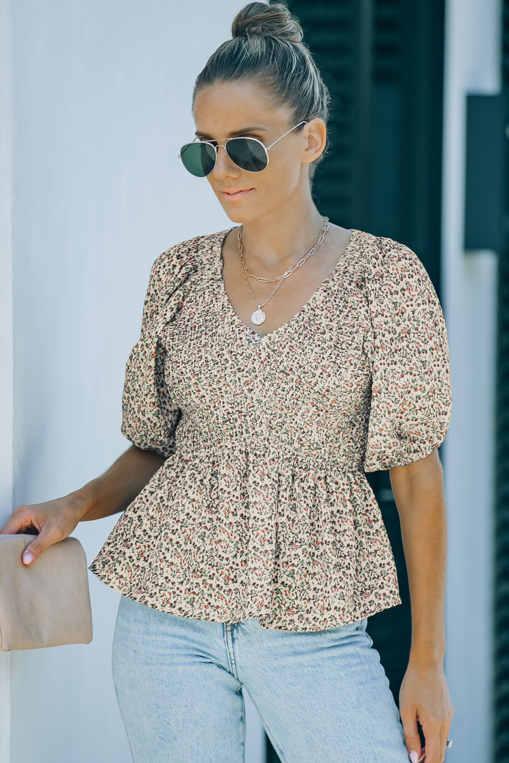 Floral Print Puff Sleeve Smocked Top