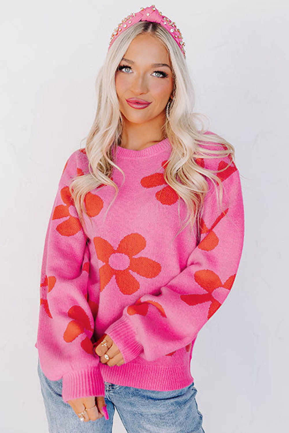 Rose Big Flower Strick -Rippen -Trimmpullover