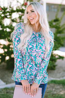 Ploted blouse with round -neck flowers and long green sleeves