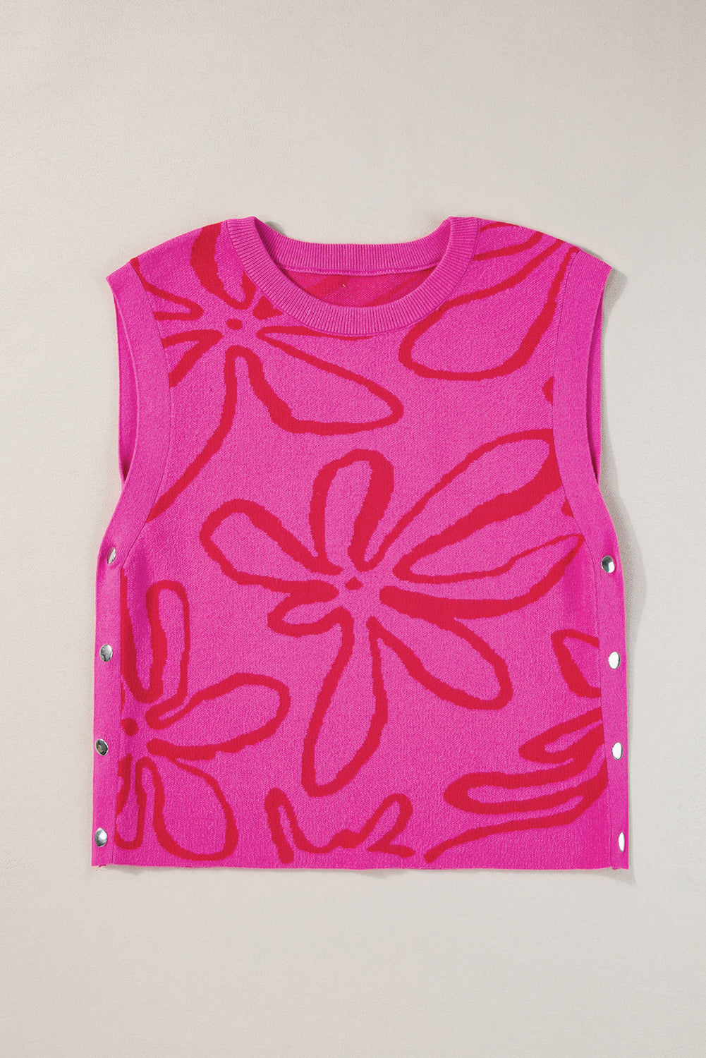 Bright Pink Button Sides Sleeveless Floral Knitted Top