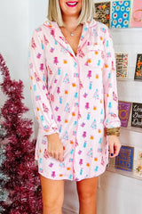 Vestido nocturno Camisa de Navidad rosa impresa árbol espumoso estampado