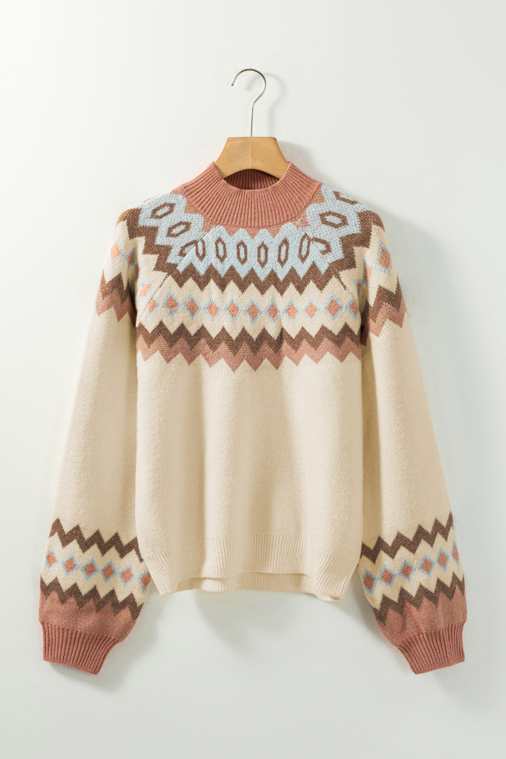 Khaki Geometrisches Muster Rippen -Trimmpullover hoher Nackenpullover