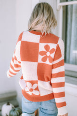 Suéter marrón con mangas a rayas y estampado floral *
