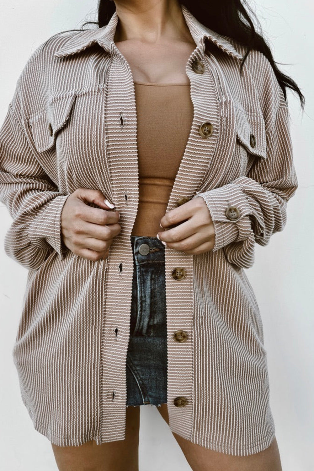 Veste à manches longues en velours côtelé uni gris fumée, grande taille