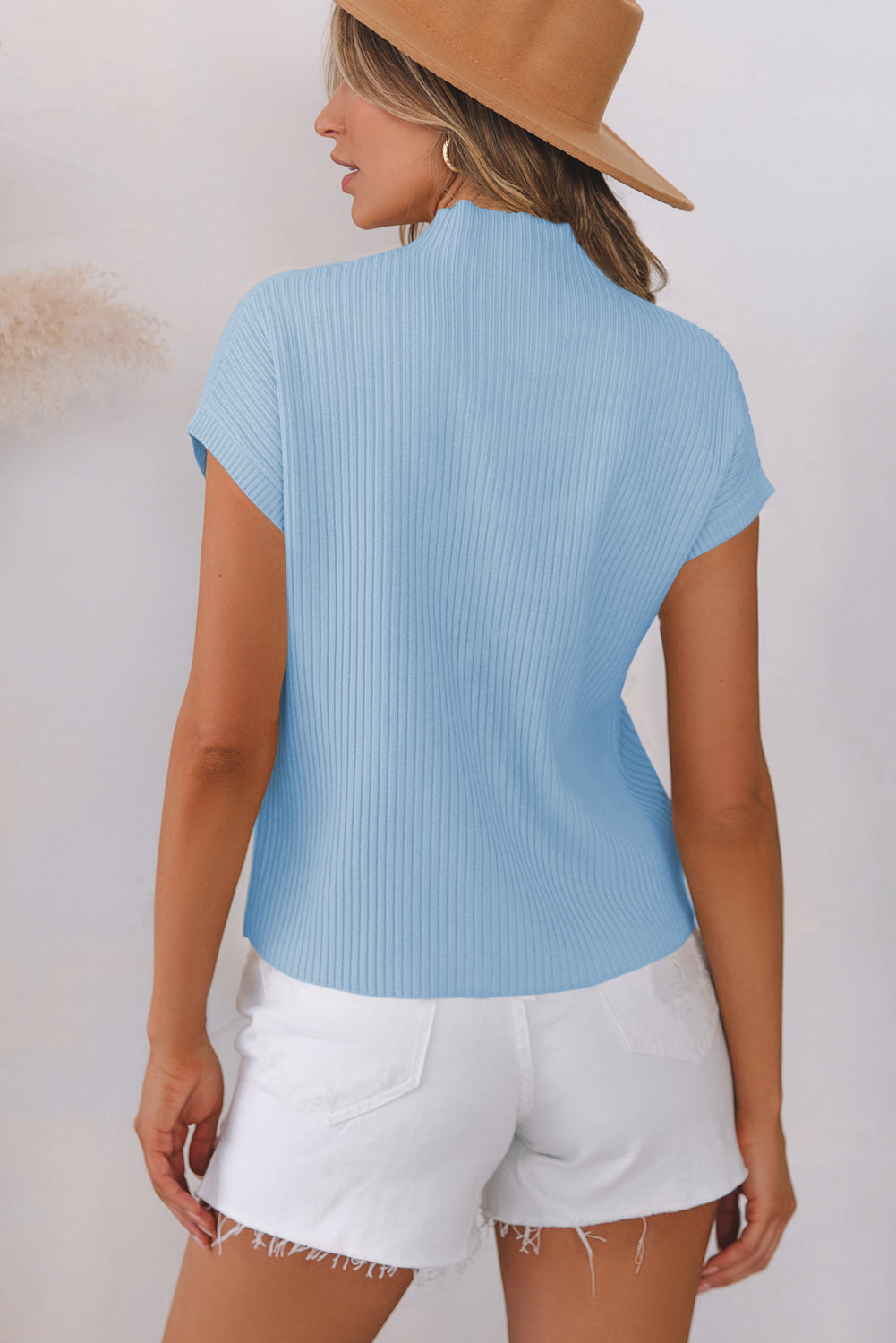 Pull à manches courtes en tricot côtelé avec poche plaquée Beau Blue