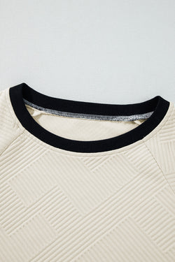 Jet Stream Textured Crew Neck Raglan Sleeve Top with Color Block Edges