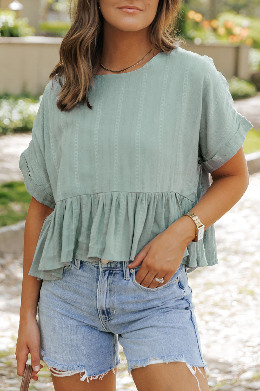 Laurel Green Textured Ruffled Hem Short Sleeve Blouse