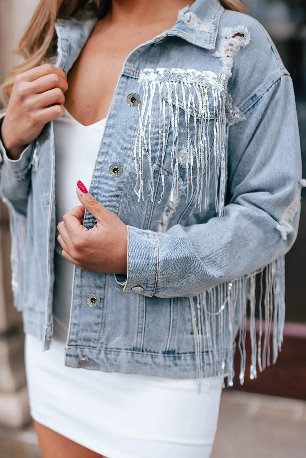 Sky Blue Sequin Embellie Fringe Dented Denim Veste