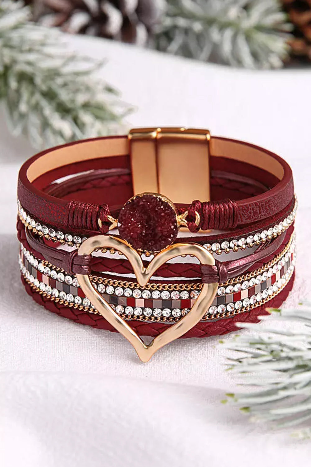 Bracelet superposé en forme de cœur en strass rouge ardent pour la Saint-Valentin