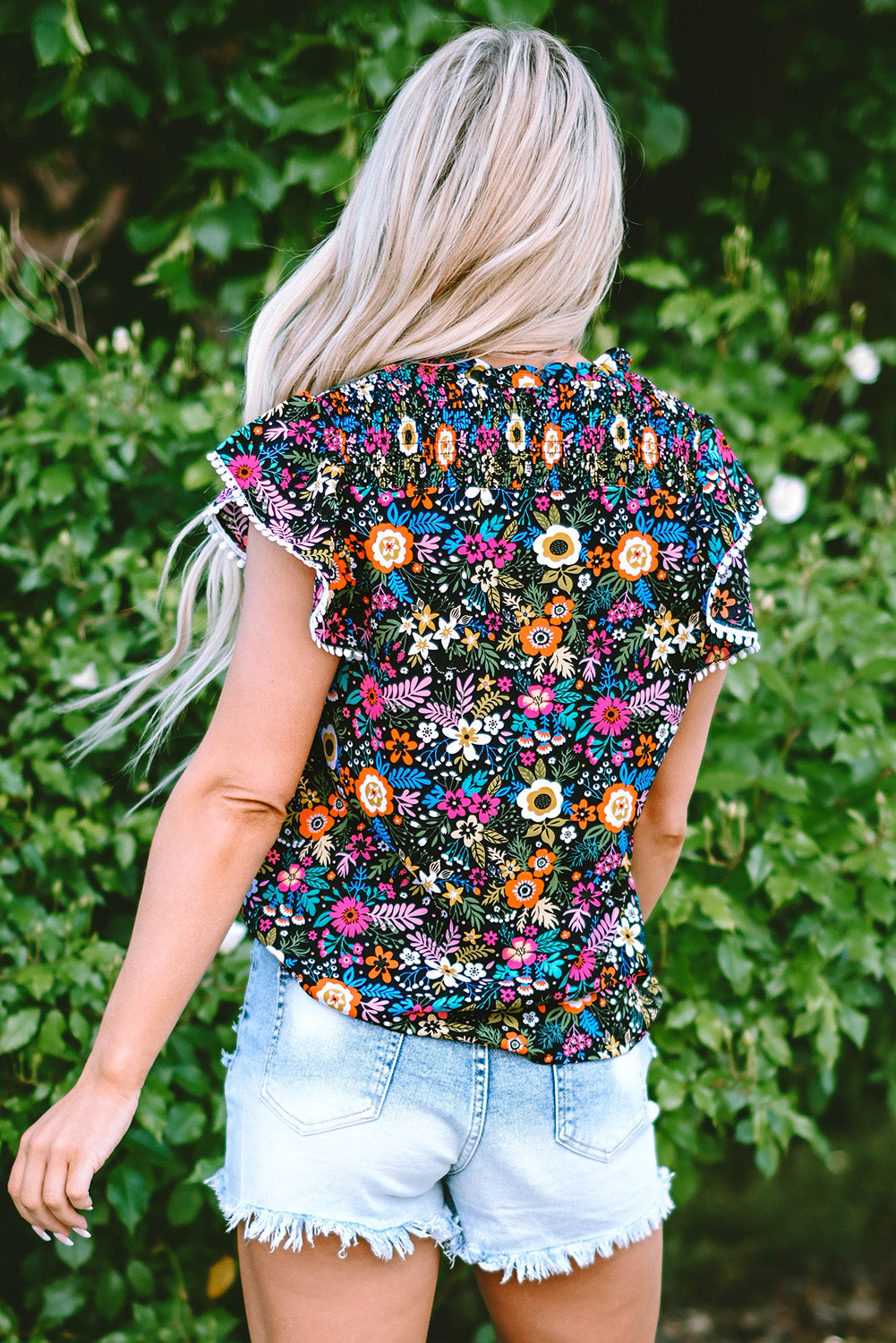 Blouse à floraison tropicale de la garniture en dentelle noire