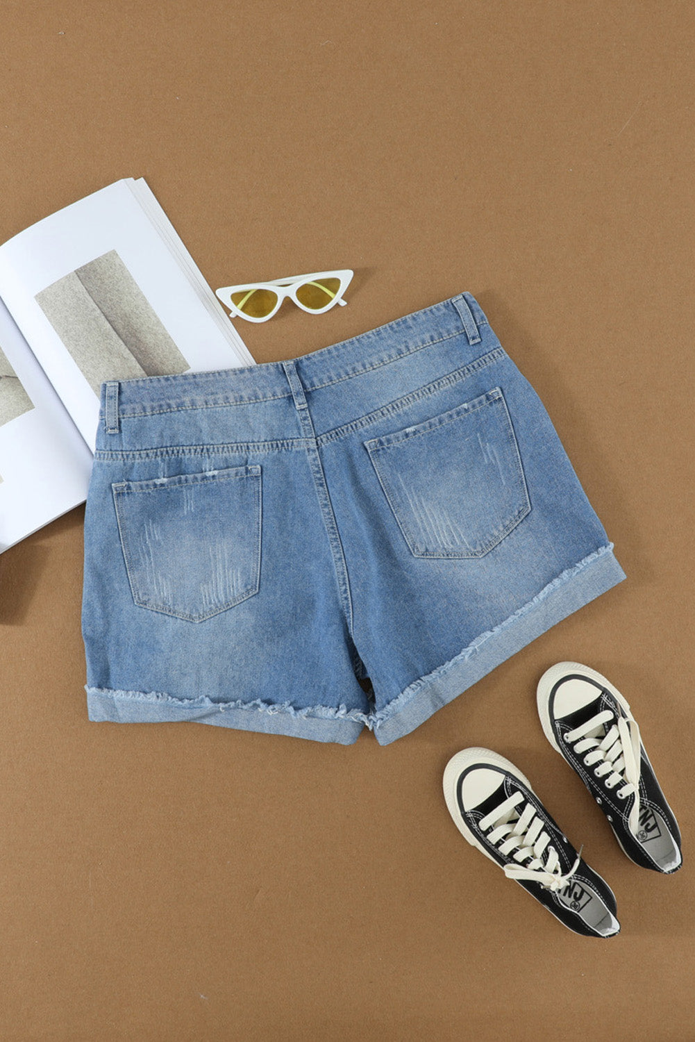 Sky Blue Ripped and Distressed Denim Shorts with Rolled Hem