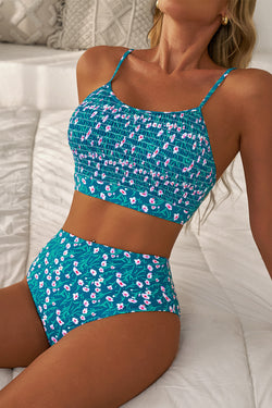 Ensemble de bikini mignon smocké à imprimé floral bleu-A WOMAN WE LOVE