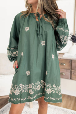 Vestido recto con mangas hinchadas y patrón floral Bohemian Verde Mist