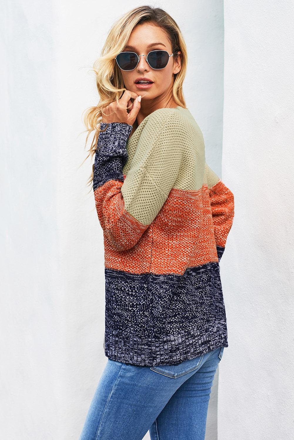 Blue color block mesh texture sweater