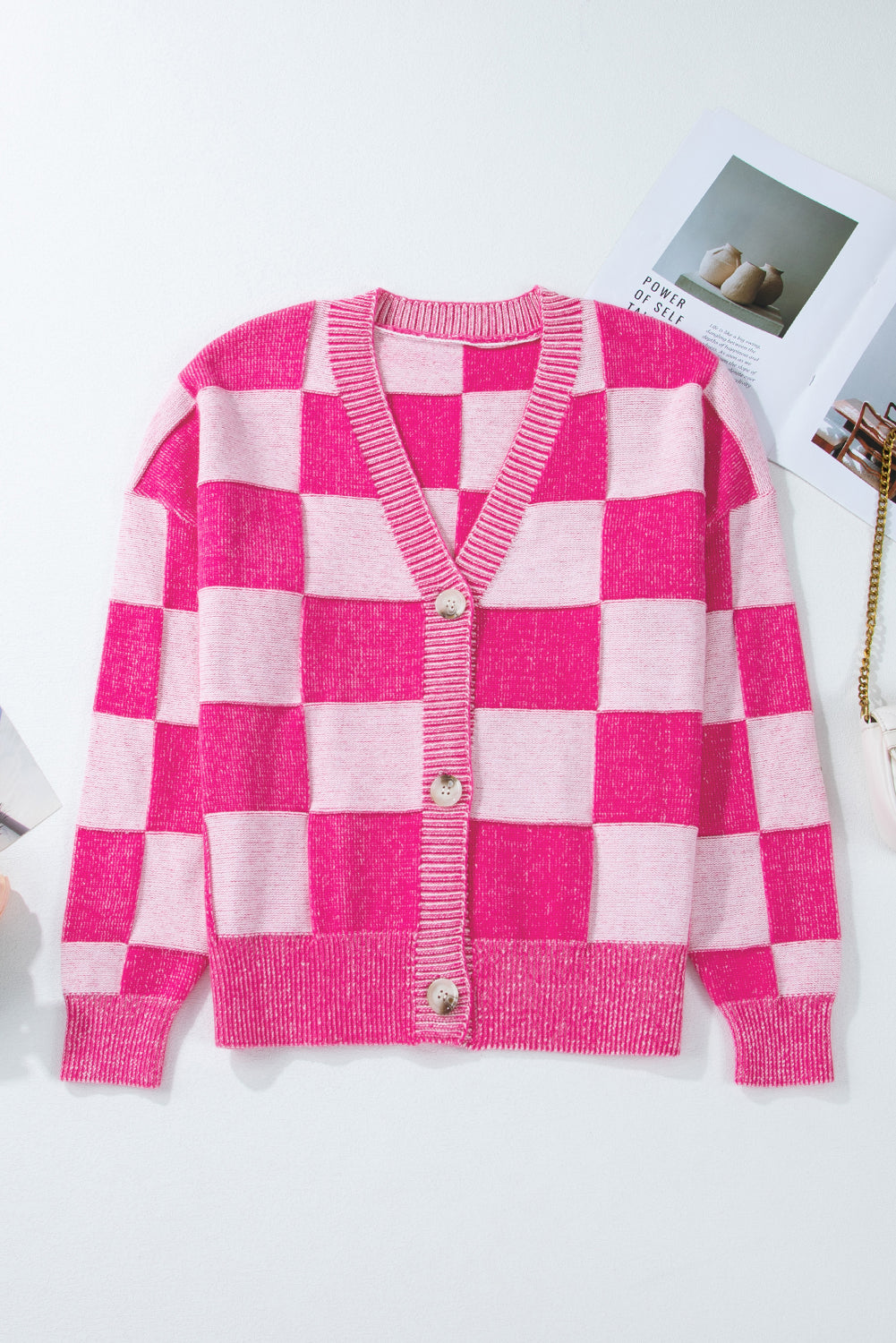 Pink Plaid Drop Shoulder Button Up V Neck Cardigan