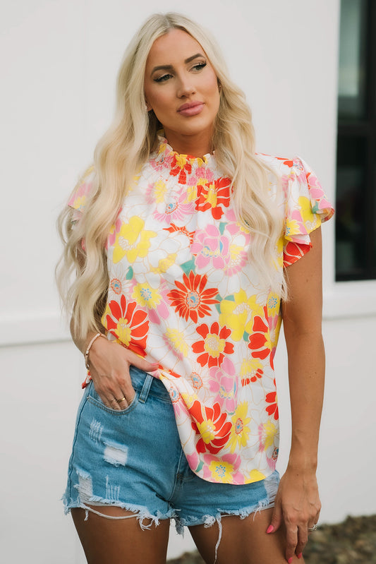 Multicolor Stand Collar Flutter Sleeves Floral Top