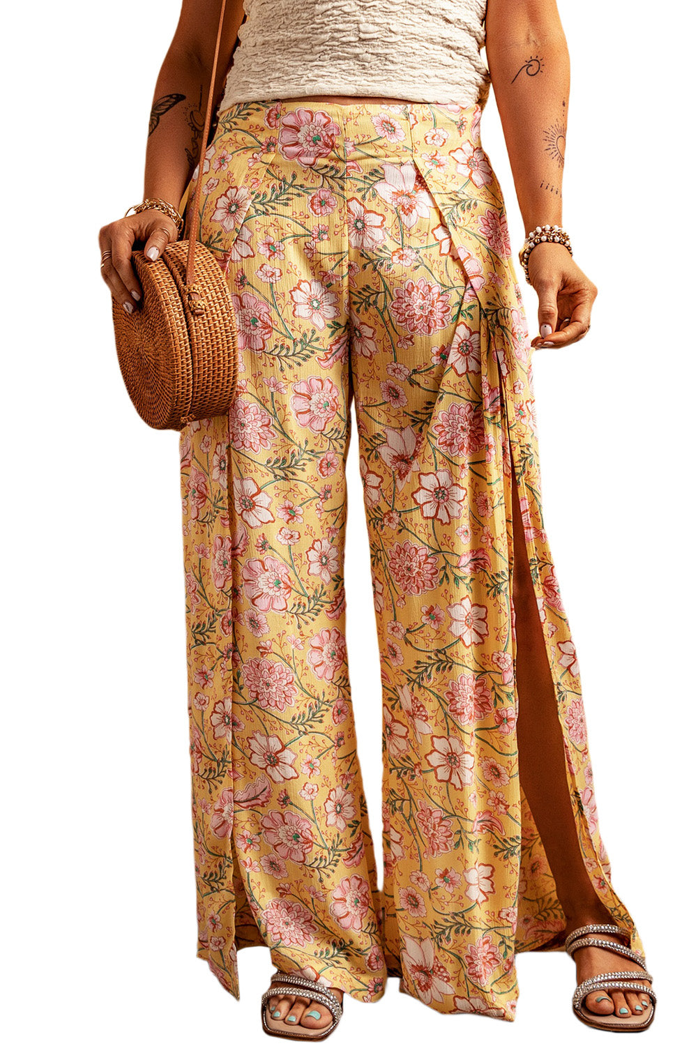 Pantalon de jambe large à imprimé floral jaune