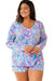 Plus Size Sky Blue Floral Print Long Sleeve Loungewear and Shorts