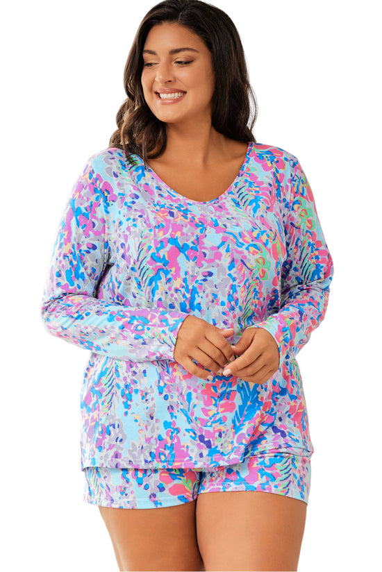 Plus Size Sky Blue Floral Print Long Sleeve Loungewear and Shorts