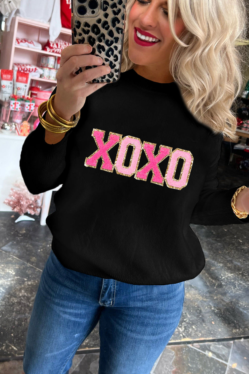 Black xoxo paillette imprimé coul rond pull décontracté