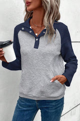 Grey textured raglan sleeve top with contrast splicing