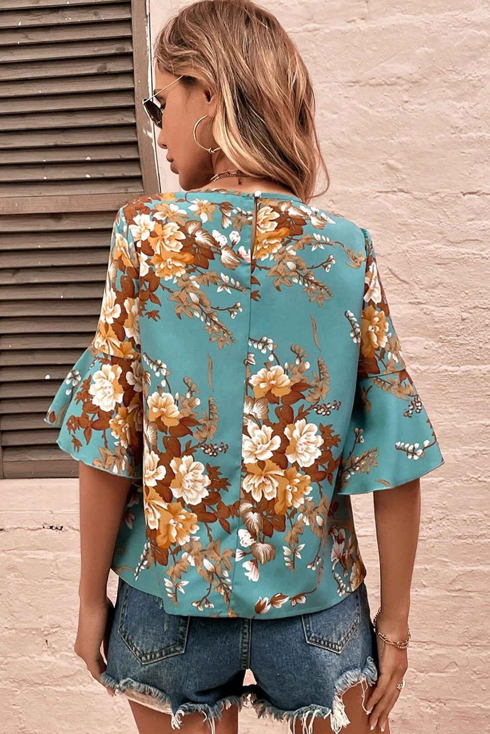 Mineral Blue Flare Sleeve Floral Blouse