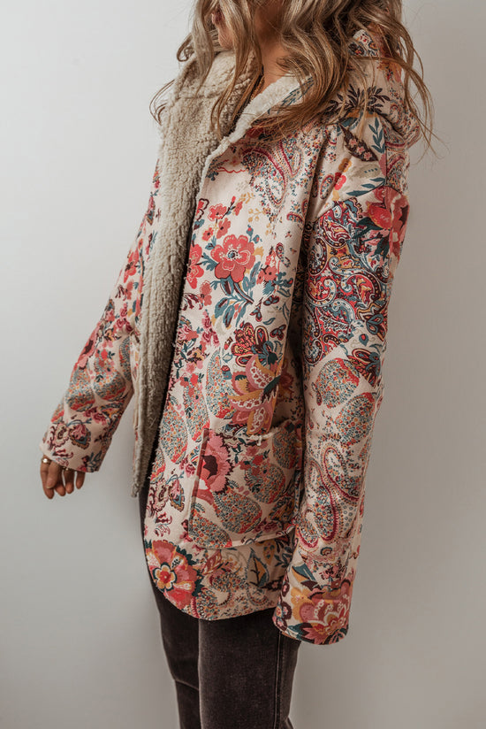 Veste à capuche beige doublée en sherpa imprimé floral vintage Paisley