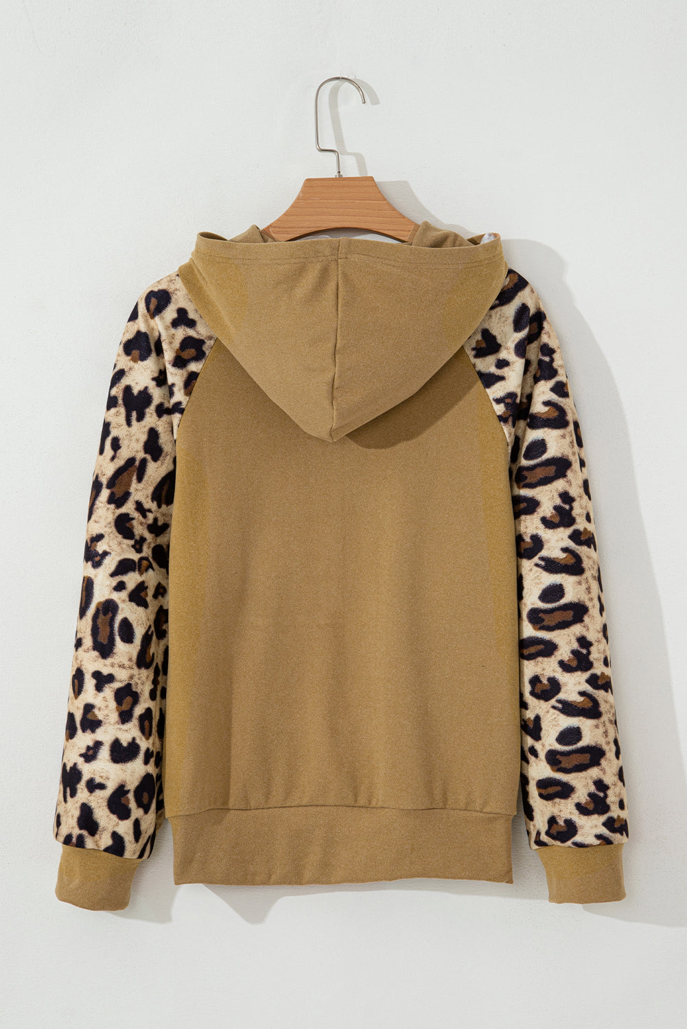 Light Beige Leopard Print Patchwork Half Button Raglan Sleeve Hoodie